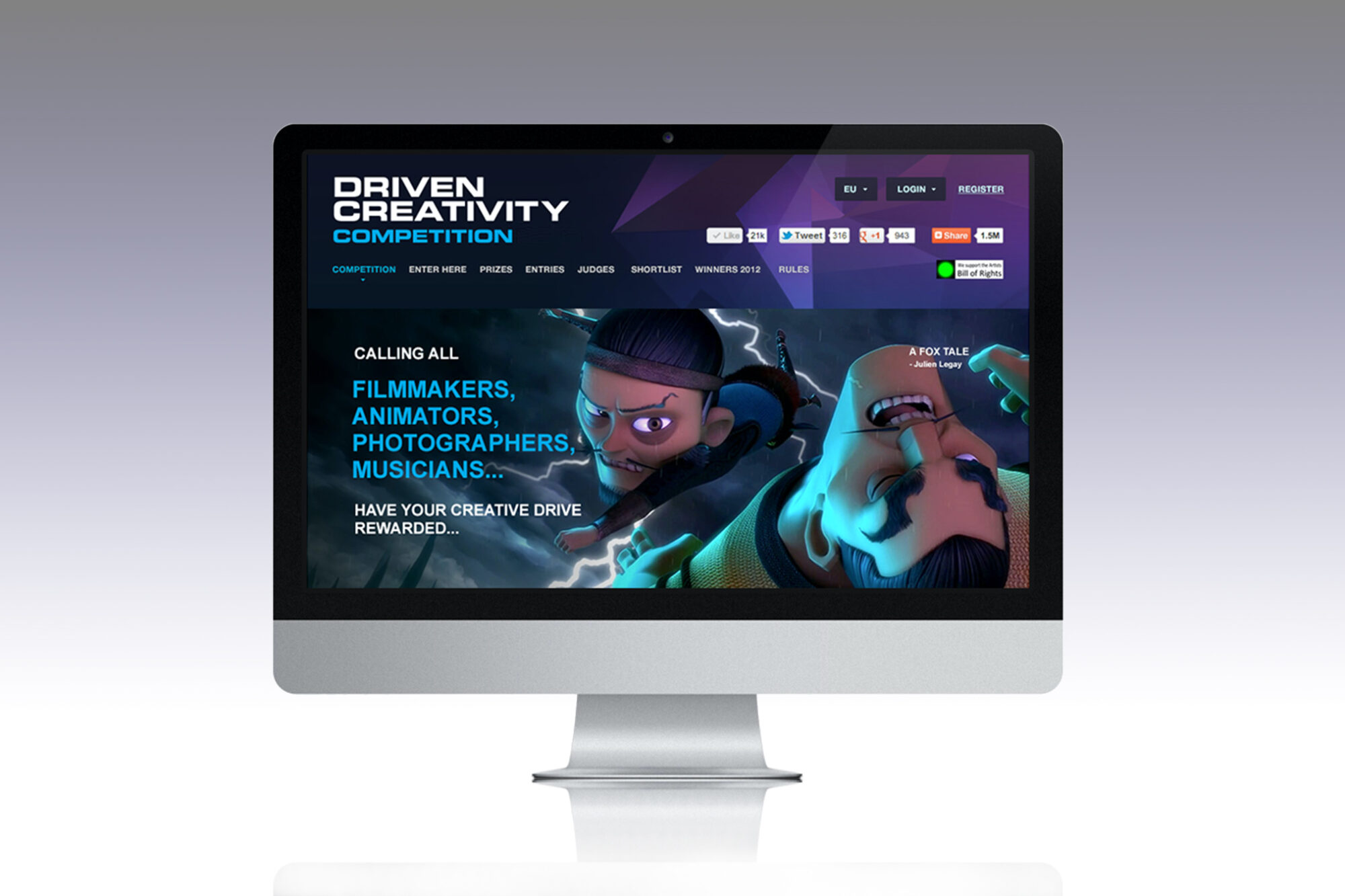 A computer monitor displays the Driven Creativity Competition website, featuring animated characters fighting, with text inviting filmmakers, animators, photographers, and musicians to enter and have their creative drive rewarded in this G-Tech case study.