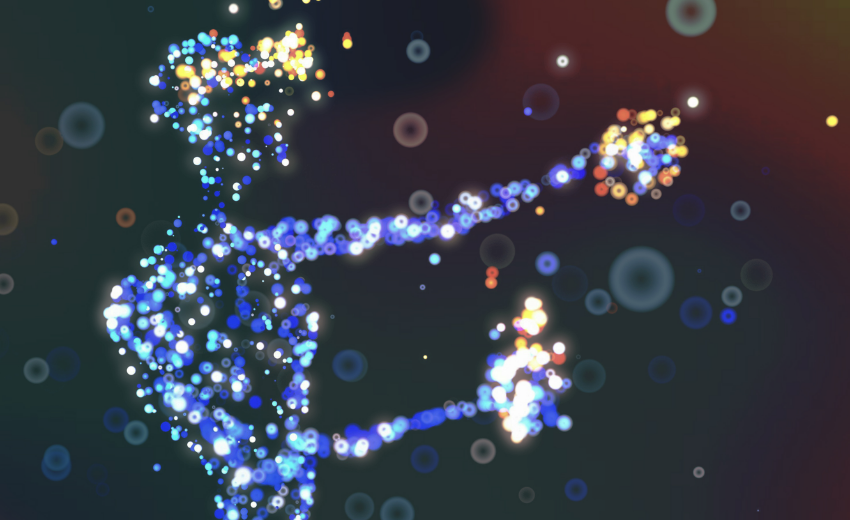 A digital abstract image of a human figure formed by glowing blue, white, and yellow dots, holding out one arm amid floating light orbs on a dark blurred background—perfect for representing an innovation lab.