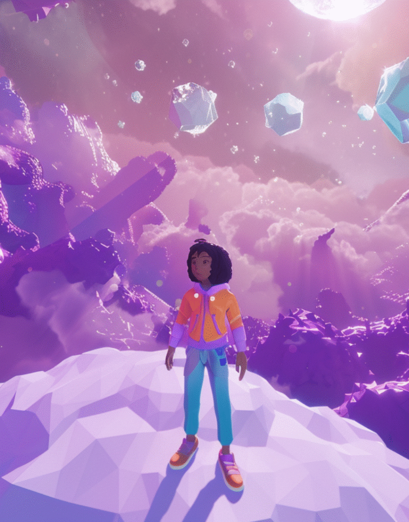 A person with curly hair stands on a polygonal, snow-like surface in a surreal, purple-toned landscape—like an innovation lab of dreams—with floating crystals and a glowing sky, creating an otherworldly atmosphere.