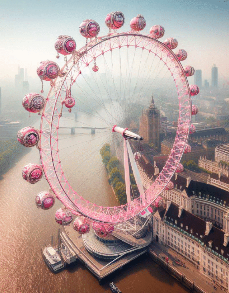 Aerial view of the London Eye, digitally altered so its capsules and frame appear bright pink with intricate patterns—resembling an innovation lab’s vibrant creativity. The River Thames, city buildings, and hazy skyline form the backdrop.