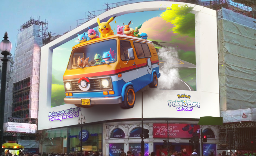 A large digital billboard displays a colorful Pokémon-themed van with Pikachu and other Pokémon riding on top, driving down a road. The sign, brought to life by the innovation lab, promotes Pokémon Post on Tour and announces Coming in 2024.