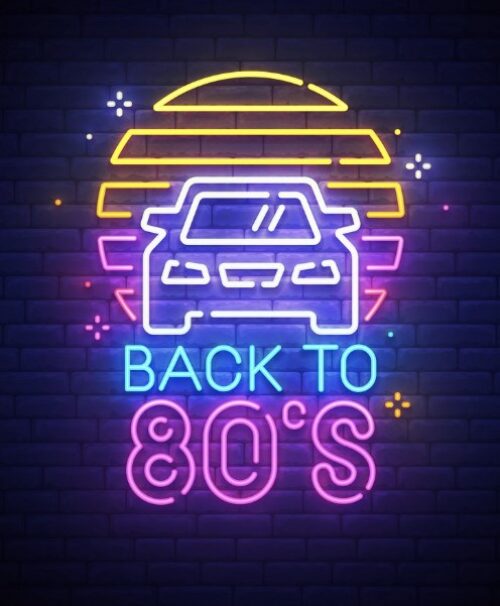 Neon sign with a car in front of a stylized sunset and the words BACK TO 80S in bright, colorful lights—perfect for energizing your marketing team or setting a retro 1980s vibe against a dark brick wall background.