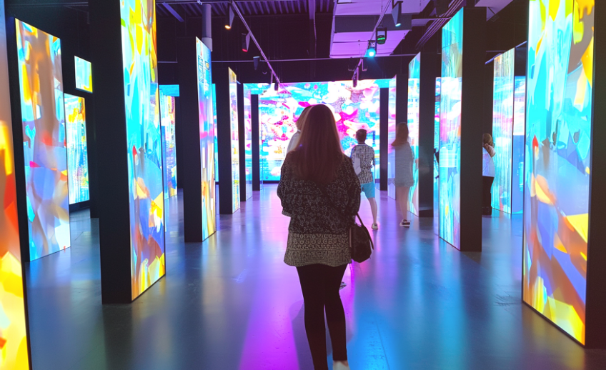 A person walks through an art exhibit in an innovation lab, surrounded by tall, brightly lit digital screens displaying colorful abstract patterns; several other people view the displays in the background.