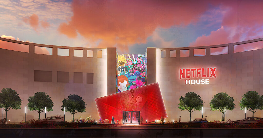 A modern building labeled Netflix House features a large, colorful mural above the entrance, surrounded by trees and cars under a vibrant sunset sky—perfect for creative brand activations.