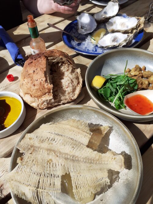 A table set for the marketing team features dishes like a loaf of bread, oysters on ice with lemon, fried food with arugula and sauce, oil and balsamic vinegar, and grilled fish, all beautifully lit by sunlight.