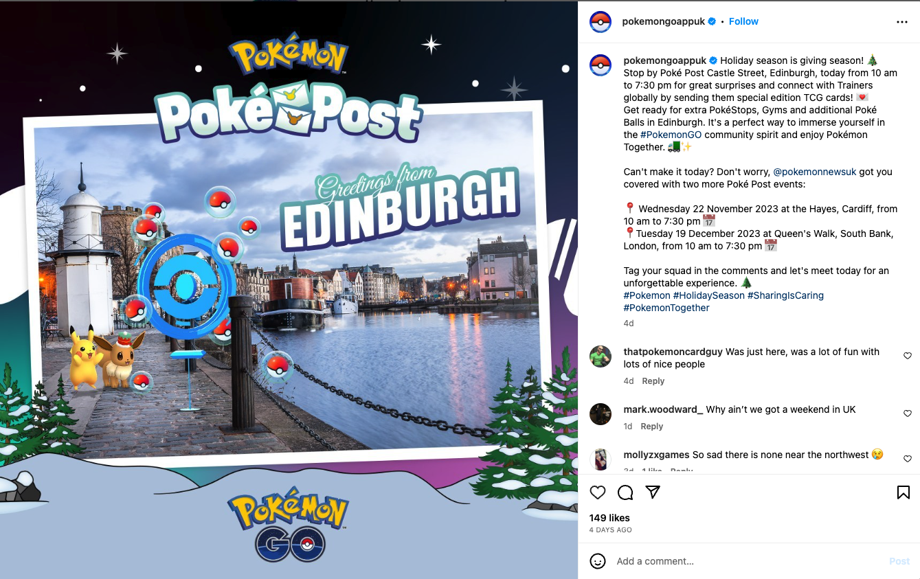 A promotional Pokémon GO image features a PokéStop, Poké Balls, and a postcard reading “Greetings from Edinburgh,” highlighting the Pokémon Poke Post and announcing details for the holiday event over Edinburgh’s scenic skyline and river.