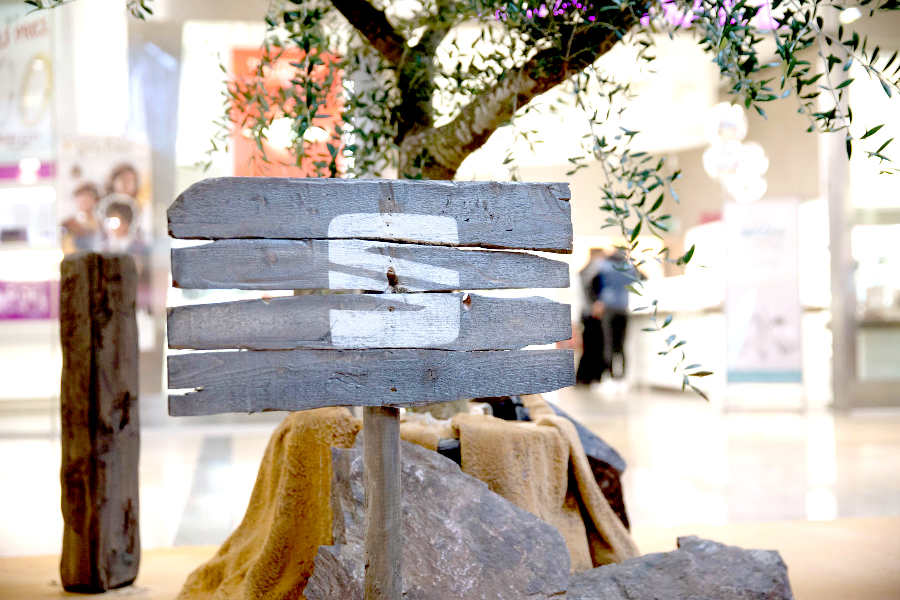 A rustic wooden sign with a large white letter S painted on it stands among rocks and tree branches in a bright indoor setting, offering SEAT case study inspiration for natural, creative displays.