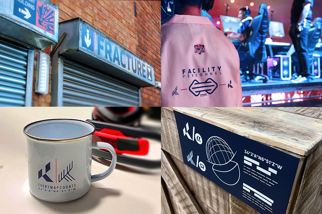 A collage of four images: a Fracture sign on a brick wall, a person in a Facility Personnel jacket at a Red Bull Home Ground event, a mug with geometric branding, and a wooden crate with coordinates and icons on its label.