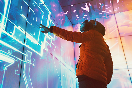 A person wearing a virtual reality headset and headphones interacts with glowing digital graphics on the walls in a futuristic, immersive innovation lab environment.