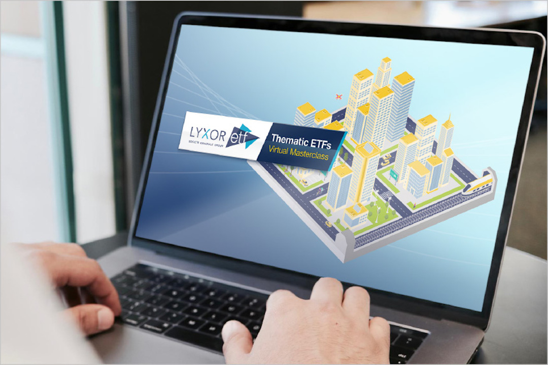 A person using a laptop displaying a virtual masterclass titled Lyxor ETF Thematic ETFs, featuring an illustrated cityscape and highlighting a Lyxor ETF case study on the screen.