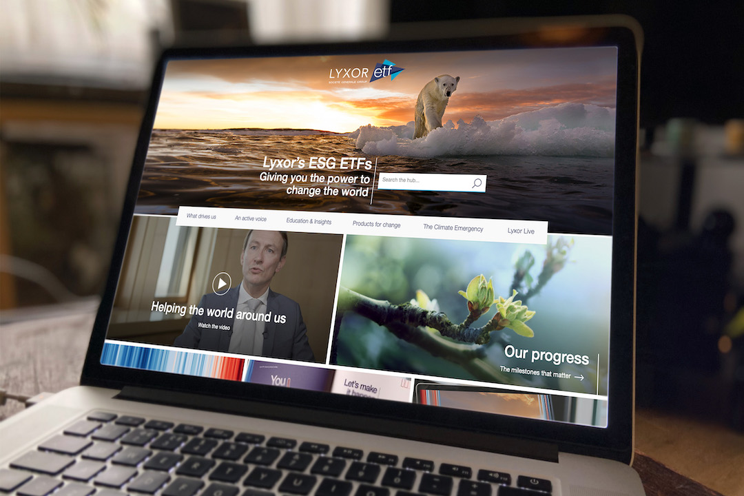A laptop screen displays the Lyxor ETF website, featuring a polar bear on melting ice, a search bar, images of a man speaking, and sections about ESG ETFs—perfect visuals for a Lyxor ETF case study on climate change and progress.