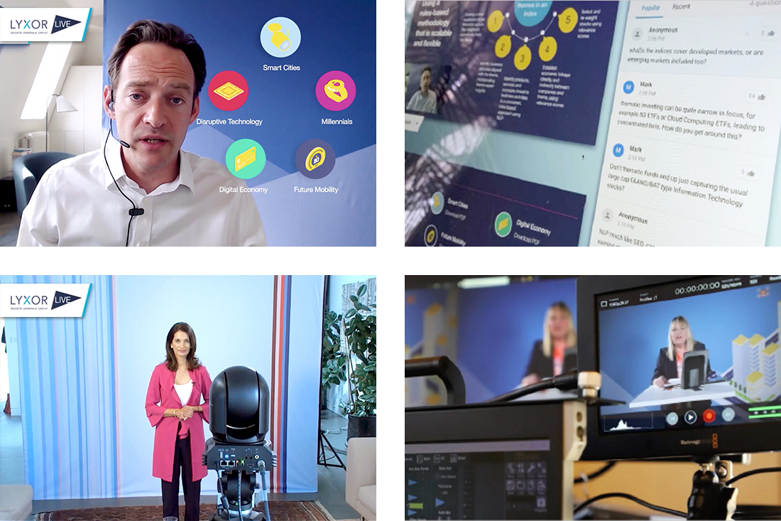 A collage of four images shows people presenting the Lyxor ETF case study in front of virtual backdrops, close-ups of digital presentations, and video recording equipment during a live or online event.