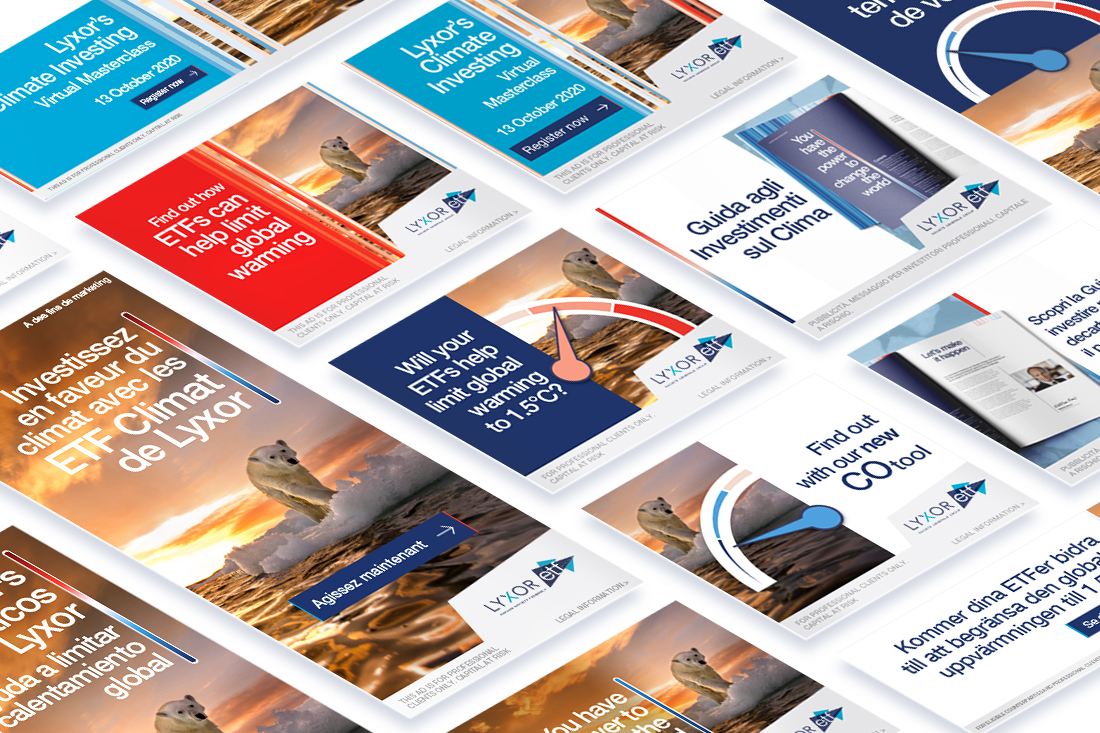 A collage of Lyxor Climate Investing promotional materials in various languages, featuring polar bears, climate change references, and blue, white, and orange color schemes from the Lyxor ETF case study.