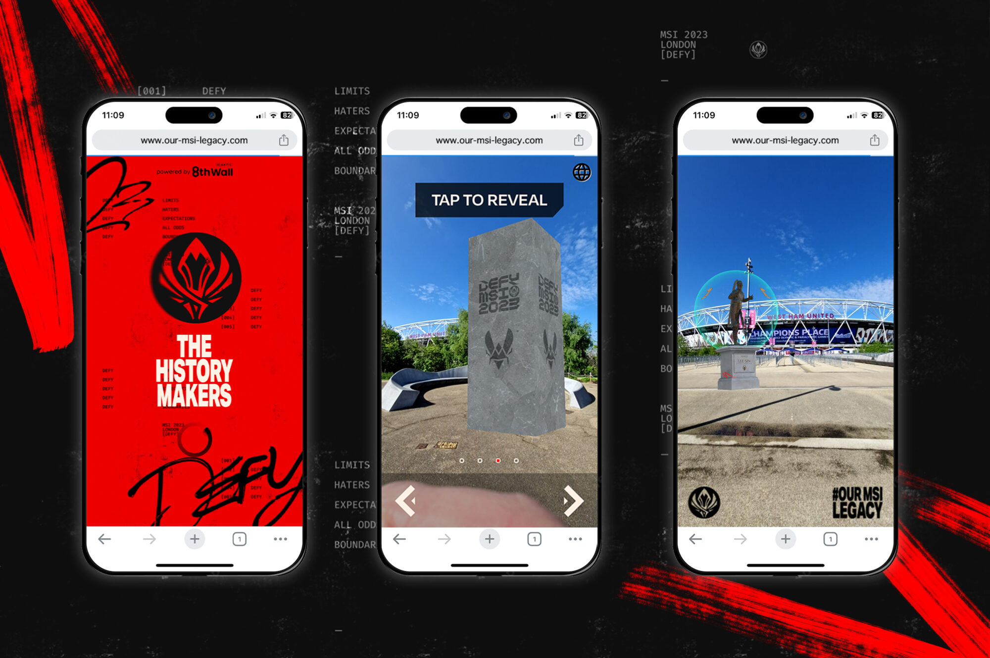 Three smartphones display different screens: the first shows a red page titled The History Makers with a black flame logo; the second features a stone monument outdoors; the third displays a stadium and the words OUR MSI LEGACY, celebrating Riot Games MSI moments.