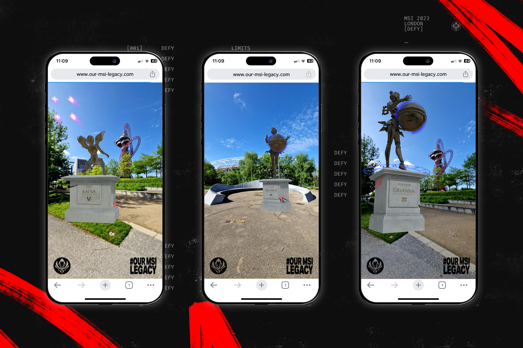 Three smartphones display photos of outdoor statues on pedestals, each with a different name: Faker, Ruler, and Doinb. The background features red paint strokes, the phrase OUR MSI LEGACY, and a nod to Riot Games MSI history.