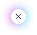 A white circle with a black X in the center, set against a colorful, glowing gradient background with shades of pink, purple, and blue.