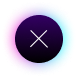A dark circle with a white X in the center, surrounded by a colorful glowing ring that transitions from pink on the left to blue on the right.