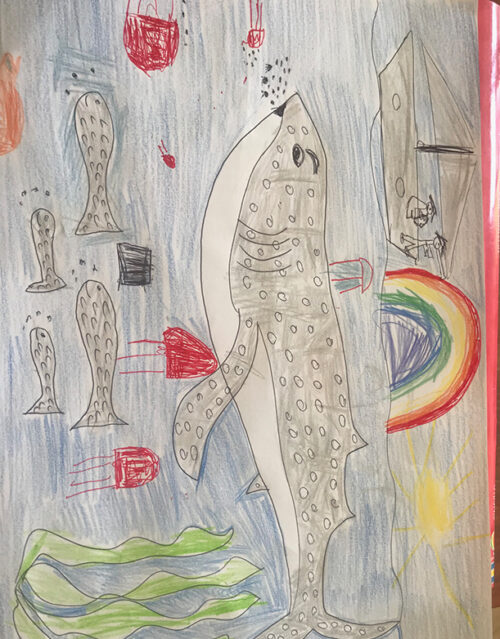 Child’s drawing of a large, spotted whale shark underwater with small fish, red jellyfish, green seaweed, and a rainbow—perfect inspiration for any marketing team seeking creative ideas! A sun and a boat with people float on the water’s surface.