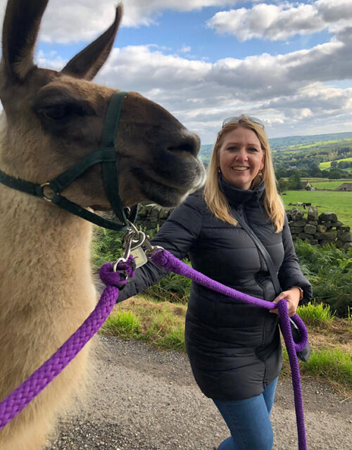 A woman in a black coat, perhaps fresh from a marketing team outing, smiles while holding a purple leash attached to a llama. They are outdoors on a country path with green fields and a cloudy sky in the background.