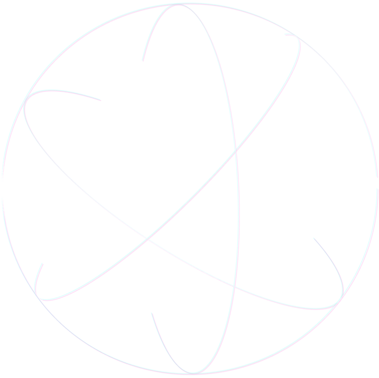 A glowing outline of a circle with three intersecting, curved lines inside—evoking atomic or orbital paths—drawn in light blue and pink on black, symbolizing the dynamic energy of an immersive marketing agency.