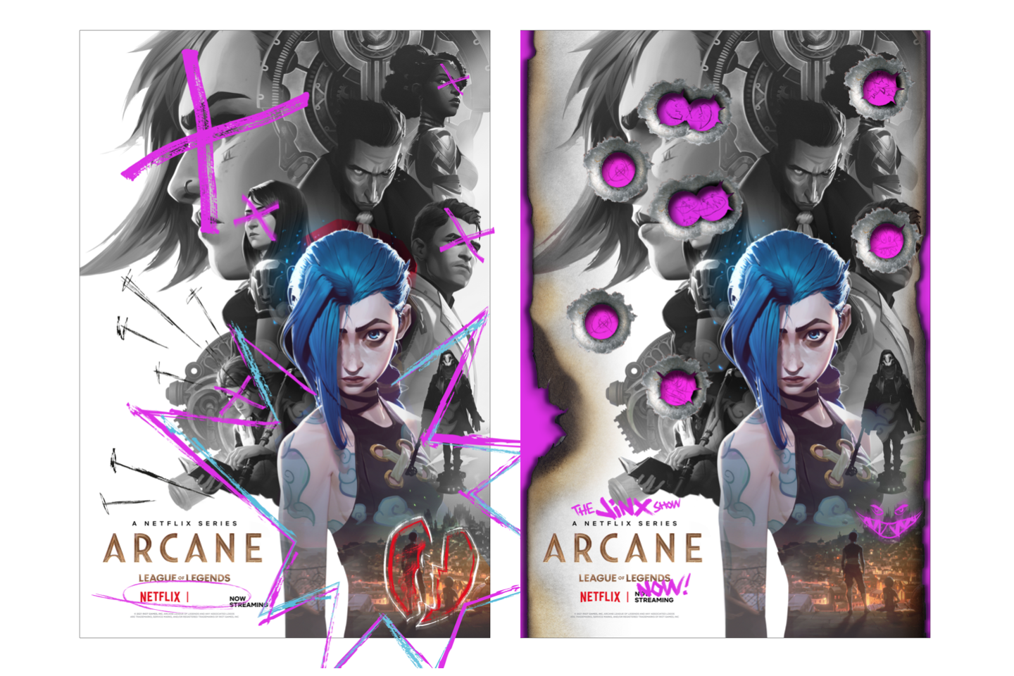 Side-by-side posters of Netflix Arcane: the left features the original, while the right is defaced with purple graffiti, burn marks, scribbles, and JINX WAS HERE! scrawled in pink.