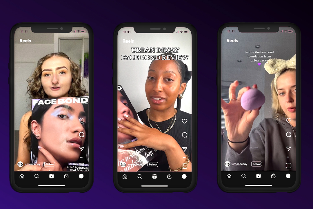 Three smartphones display Instagram Reels, each featuring a woman reviewing Urban Decay Face Bond foundation. The women hold Urban Decay Face Bond packaging or apply makeup, demonstrating and sharing their impressions on camera.