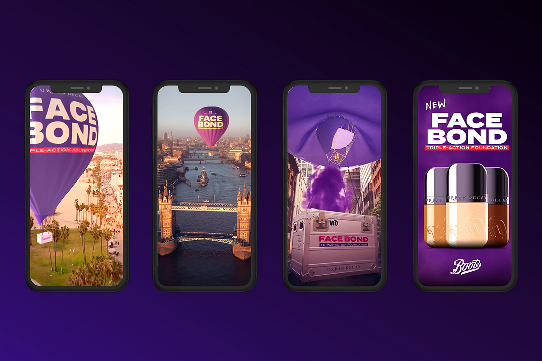 Four smartphones display scenes featuring a hot air balloon labeled Urban Decay Face Bond soaring over city landmarks and a makeup truck, ending with an ad for Face Bond foundation bottles on a vibrant purple background.