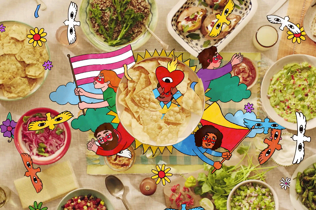 A table filled with various Mexican dishes, guacamole, chips, and toppings, overlaid with colorful cartoon drawings and a sun radiating from a central bowl of tortilla chips—a vibrant scene inspired by the Manomasa case study.
