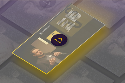 A digital presentation slide titled Methodology is displayed at an angle. The slide features text, a large question mark, and a photo of a man speaking with a triangular play button overlayed, highlighting marketing insights.