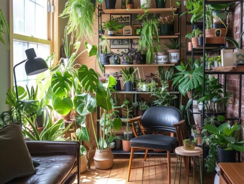 A cozy, sunlit room perfect for a marketing team brainstorm, filled with potted houseplants, a black mid-century chair, a small table, and a brown sofa, with natural light streaming through a large window.
