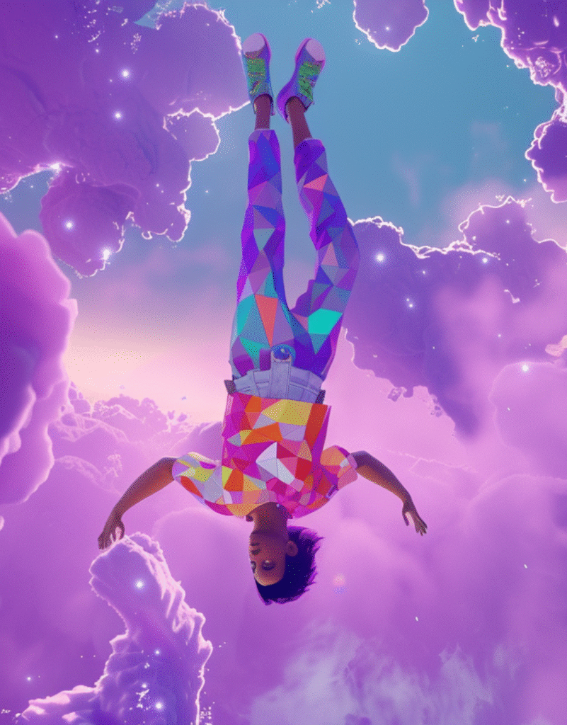 A person wearing colorful, geometric-patterned clothes floats upside down among dreamy purple clouds, as if exploring an innovation lab in the sky, with a pastel backdrop and glowing light illuminating the scene.