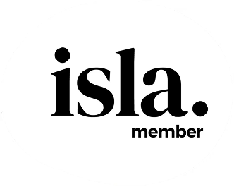 Black text on a white, irregular oval shape reads isla. in large font with member in smaller font below and to the right, reflecting a commitment to CSR and sustainability.