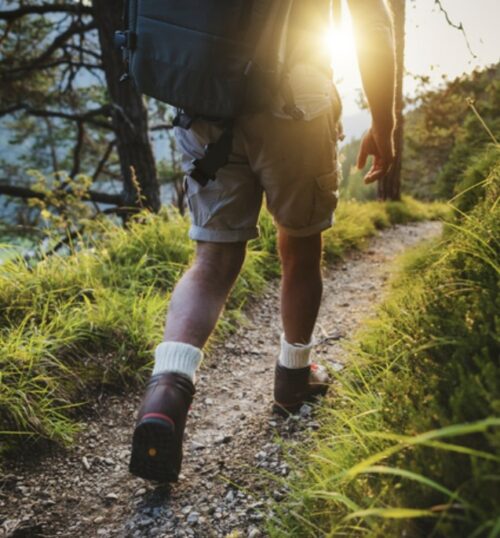 A person from the marketing team, wearing shorts, hiking boots, and a backpack, walks along a sunlit dirt trail surrounded by grass and trees, with sunlight shining through the foliage.