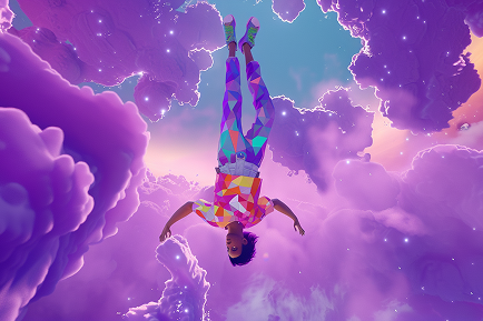 A person in colorful, geometric-patterned clothing floats upside down among dreamy purple clouds, with soft sunlight and stars in the background—evoking the imaginative spirit of an innovation lab.