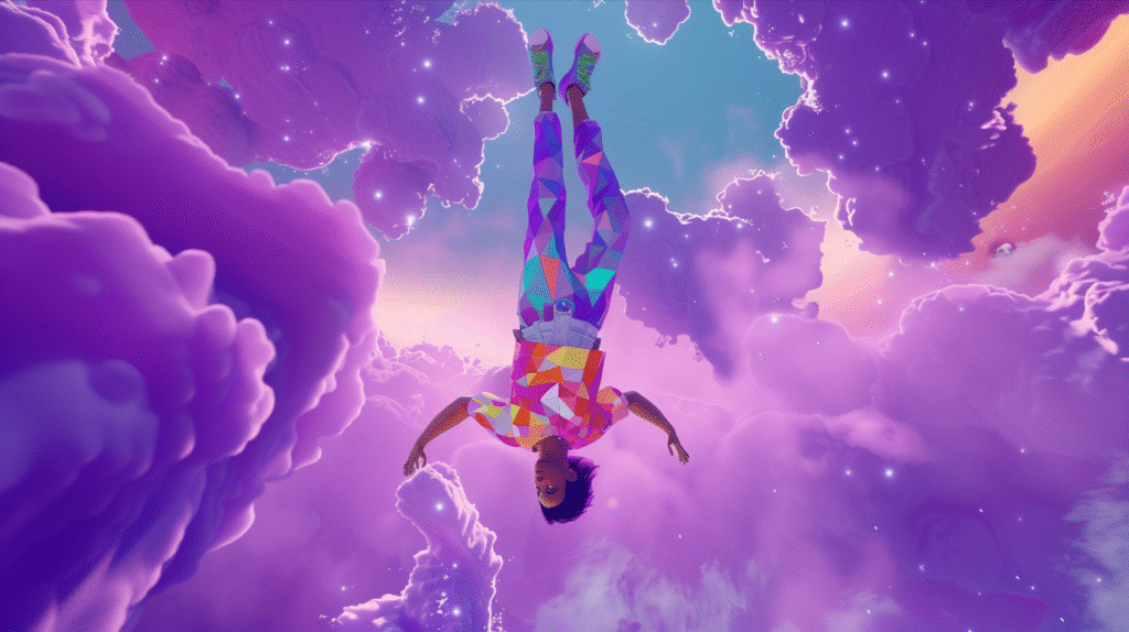 A person in colorful, geometric-patterned clothes floats upside down among dreamy, purple clouds with a bright sky behind them, evoking immersive brand experiences and creating a surreal, whimsical atmosphere.