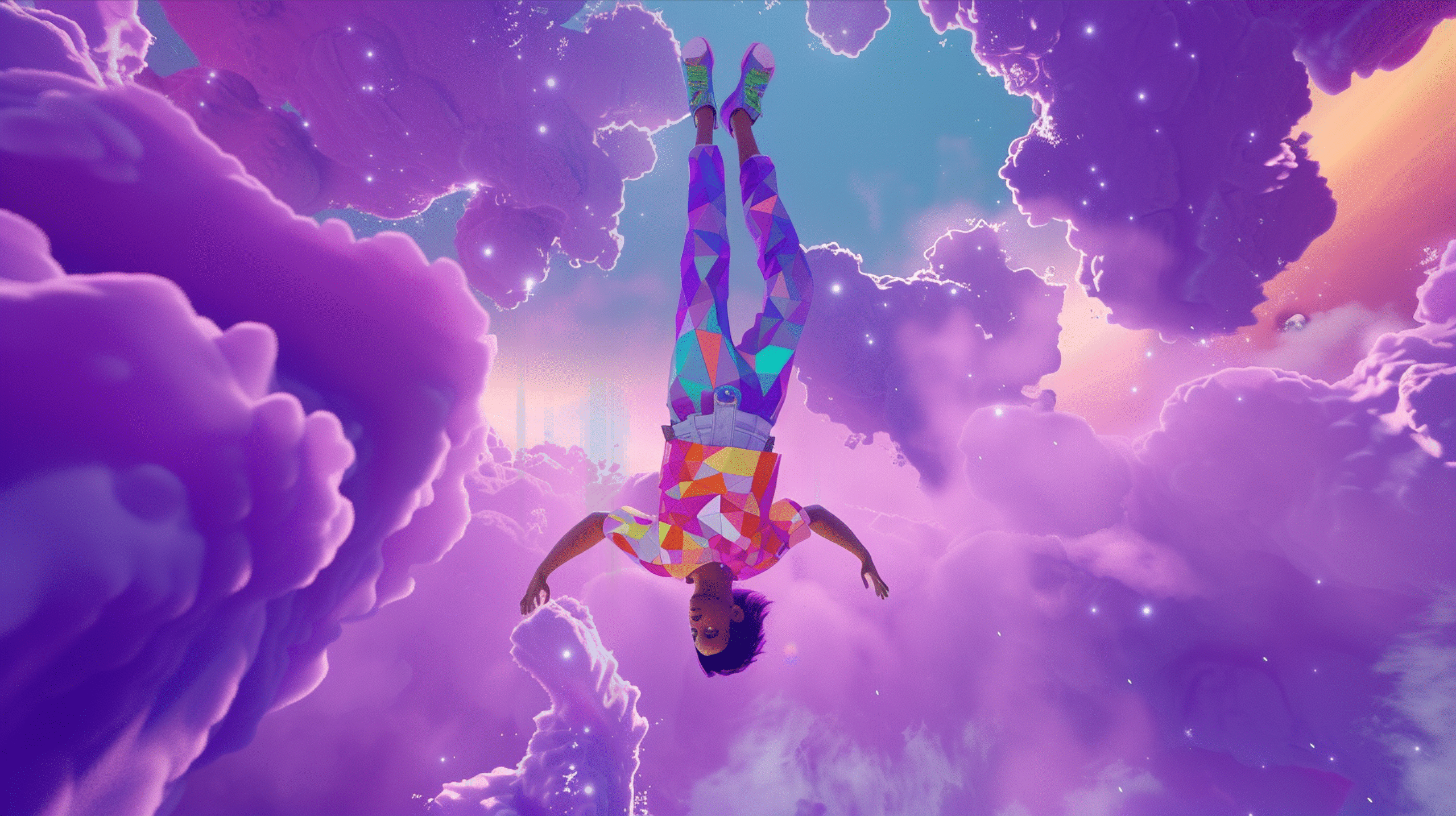 A person in colorful, geometric-patterned clothes floats upside down among dreamy, purple clouds with a bright sky behind them, evoking immersive brand experiences and creating a surreal, whimsical atmosphere.