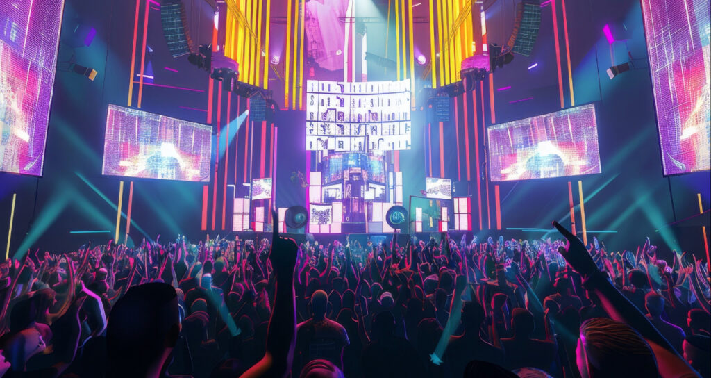 A vibrant concert scene with a cheering crowd facing a brightly lit stage, colorful lights and screens, and performers on stage, creating an energetic, dynamic atmosphere perfect for immersive experiences.