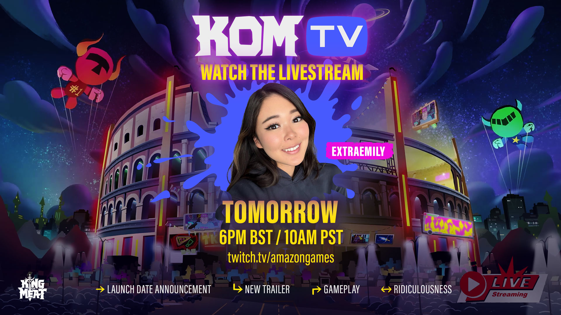 A colorful promo image for KOM TV features a smiling woman labeled EXTRAEMILY in front of a vibrant stadium. Text announces a livestream for tomorrow at 6PM BST/10AM PST on twitch.tv/amazongames with several game event highlights.