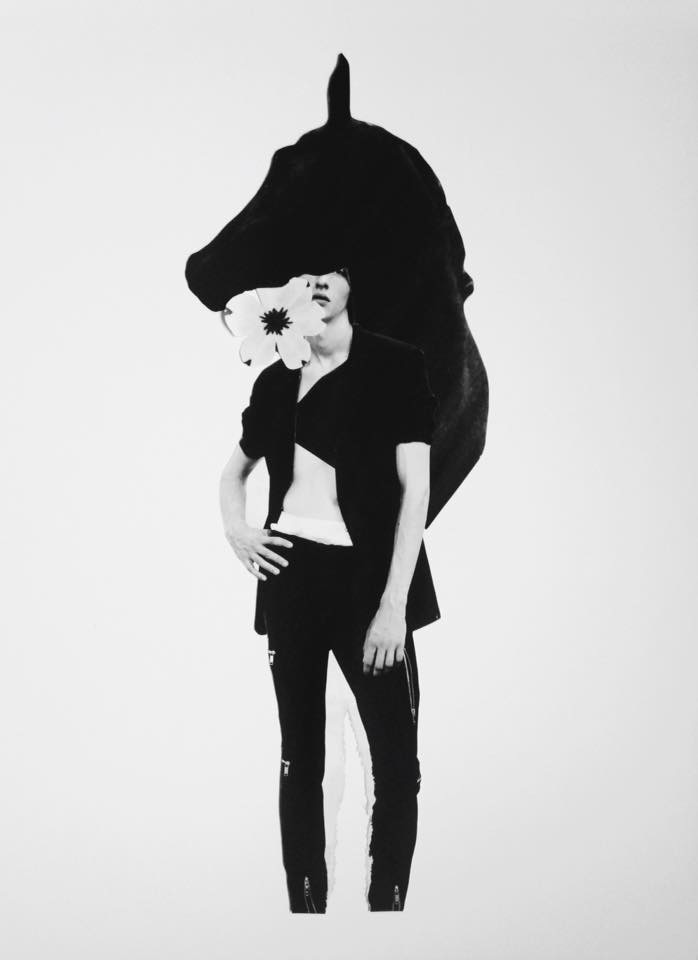 A person in dark clothing stands with one hand on their hip, partially obscured by a large white flower and the silhouette of a horse’s head in the background. The image has a minimalist, monochrome style.