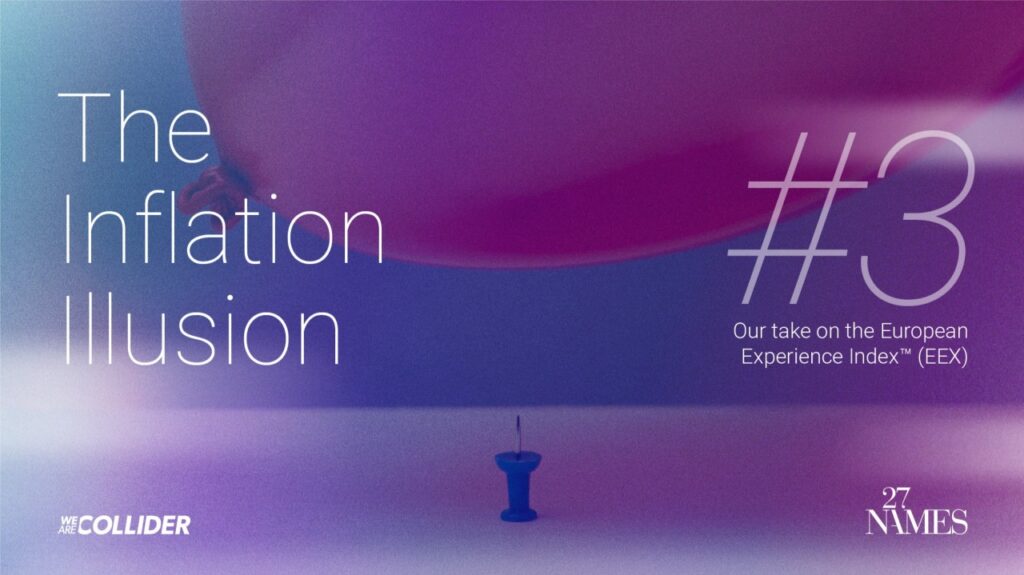 A large pink balloon hovers above a single blue pushpin on a light surface. Text reads: The Inflation Illusion #3—our take on the European Experience Index (EEX) through the lens of brand experience strategy. Logos for We Are Collider and 27 Names are at the bottom.