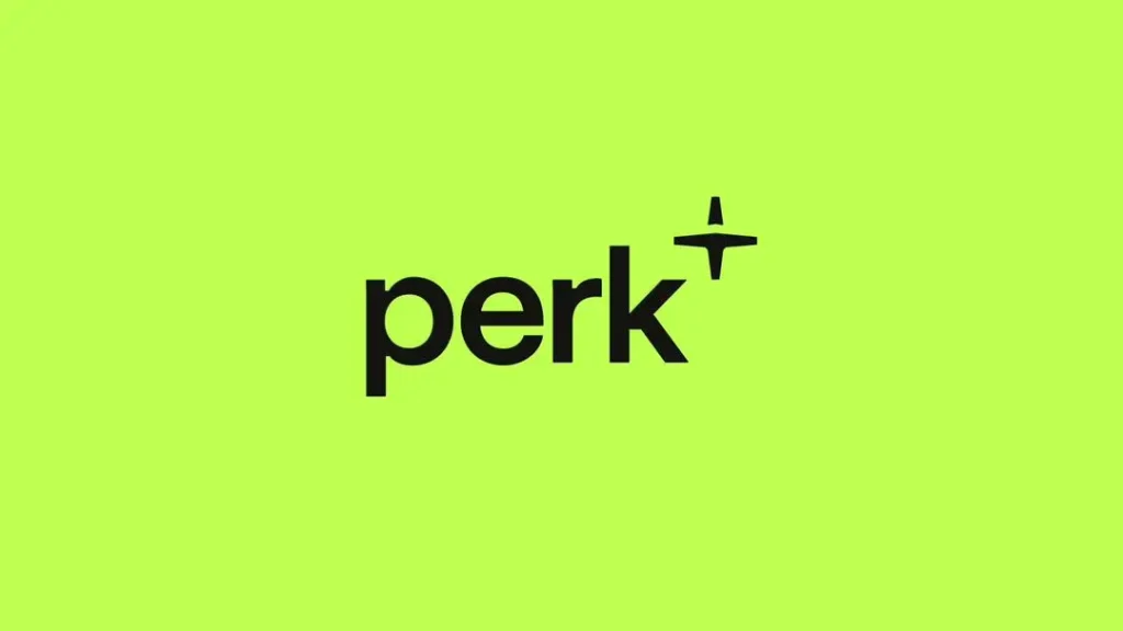 The word perk in bold black lowercase letters with a small plus sign above and to the right of the word, on a bright green background that evokes themes of CSR and sustainability.