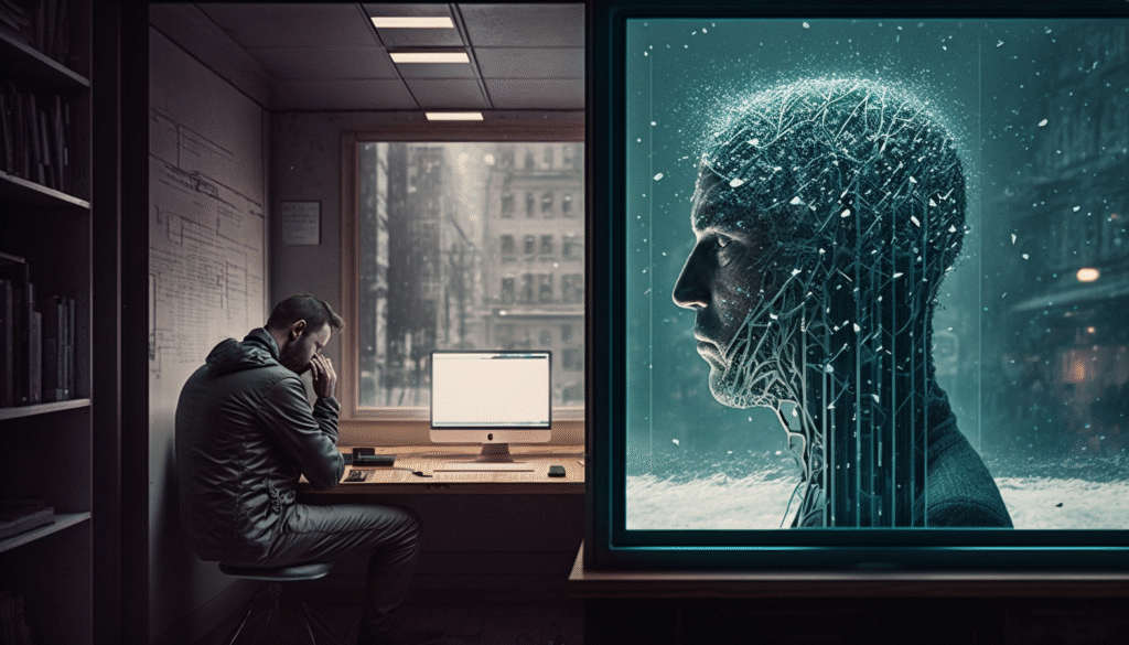 A man sits at a desk in a dimly lit office, looking down thoughtfully, while a digital display nearby shows a futuristic profile of a human head with circuit-like patterns and glowing connections.