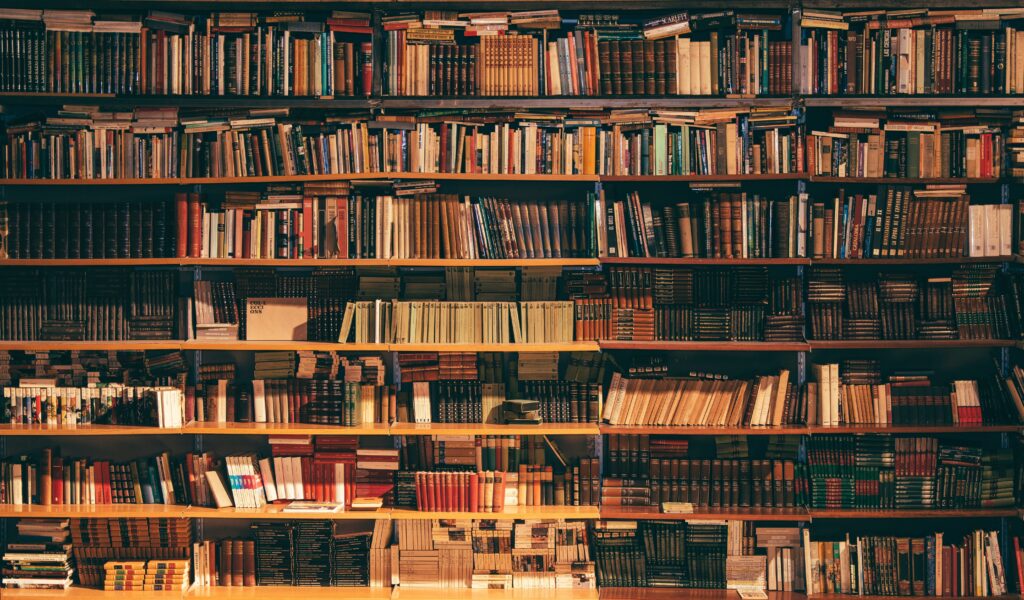A large, wooden bookshelf filled with rows of assorted books of various sizes and colors, tightly packed and organized, creating a cozy, library-like atmosphere.