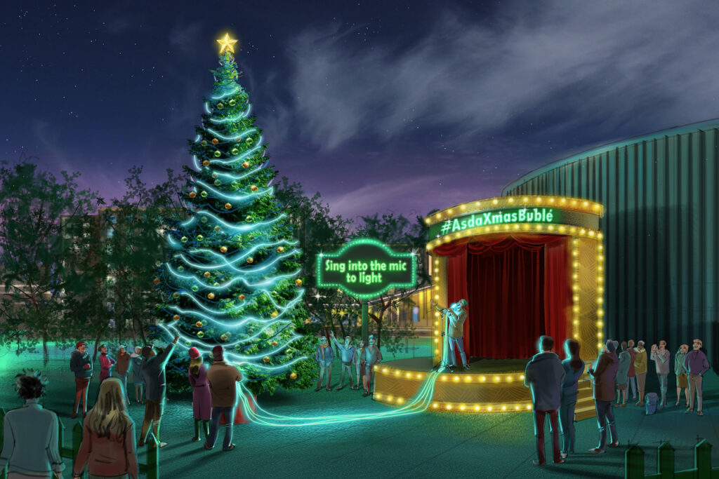 People gather around a large outdoor Christmas tree at night for festive brand activations. A stage labeled #AsdaXmasBublé features a singer with glowing wires leading to the tree, which lights up as someone sings into a microphone.