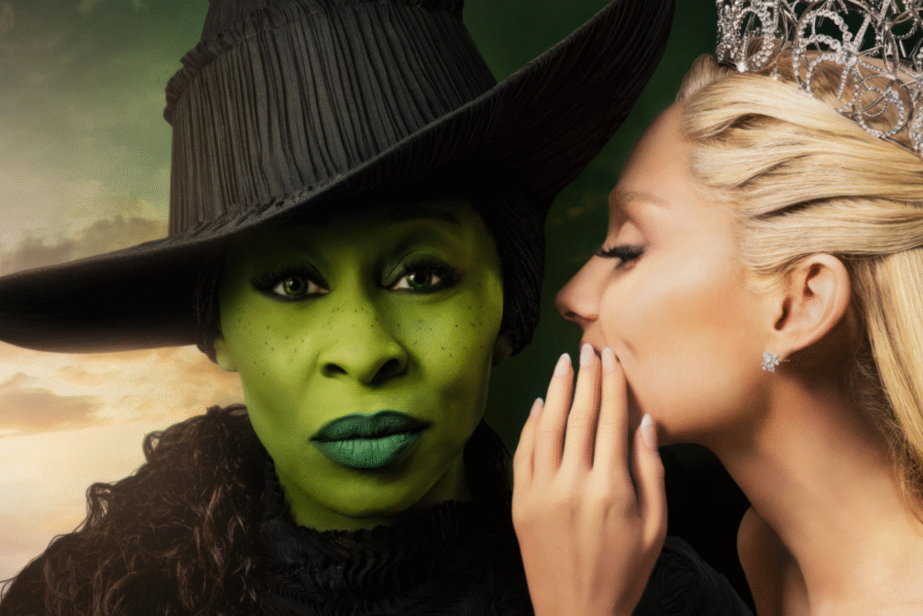A woman with green skin and a black hat stares forward, while another woman with blonde hair and a sparkling crown leans in, whispering into her ear. The background is dark and mystical.